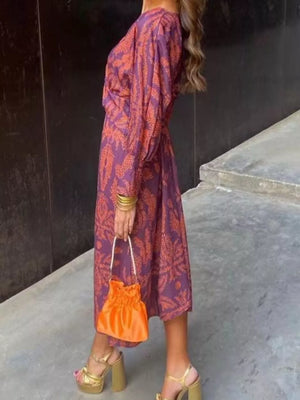 Wine Red Printed V-neck Long Sleeve Twisted Midi Dress Plus Size
