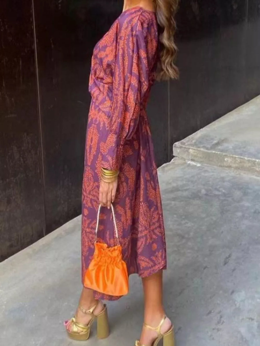 Wine Red Printed V-neck Long Sleeve Twisted Midi Dress Plus Size