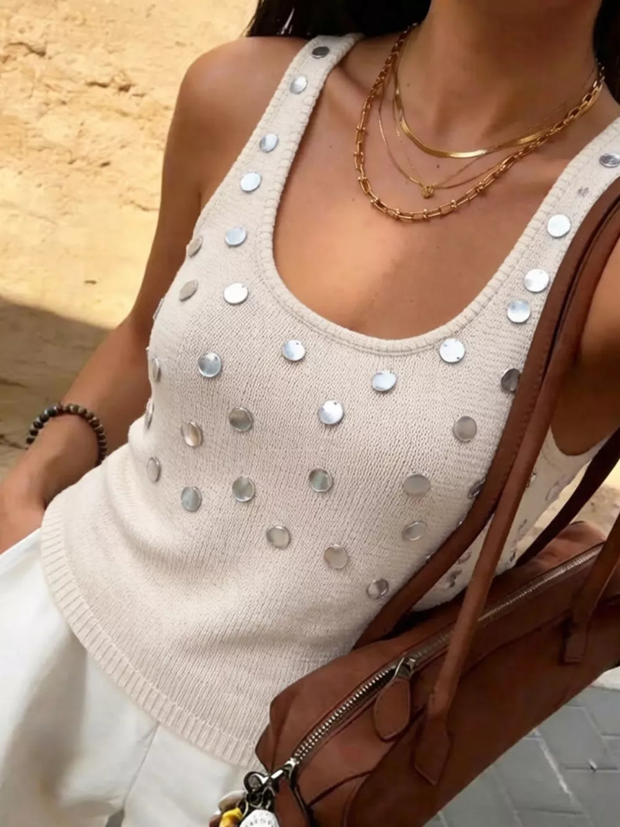 Beige with Sequin Scoop Neck Tank in Beige