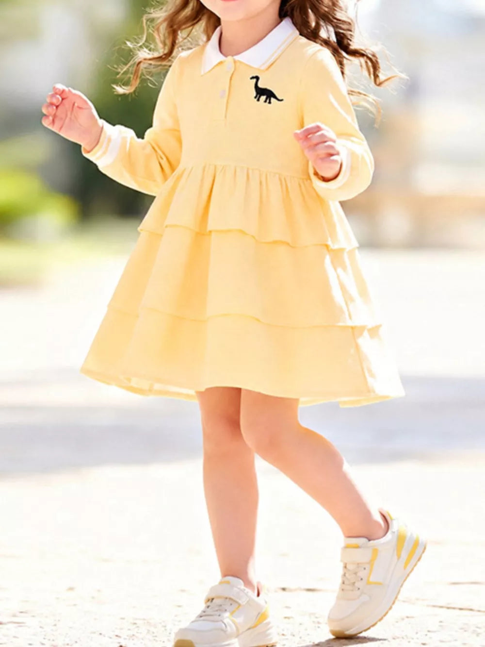 Pastel Yellow Children's Tiered Dress With Dinosaur Embroidery