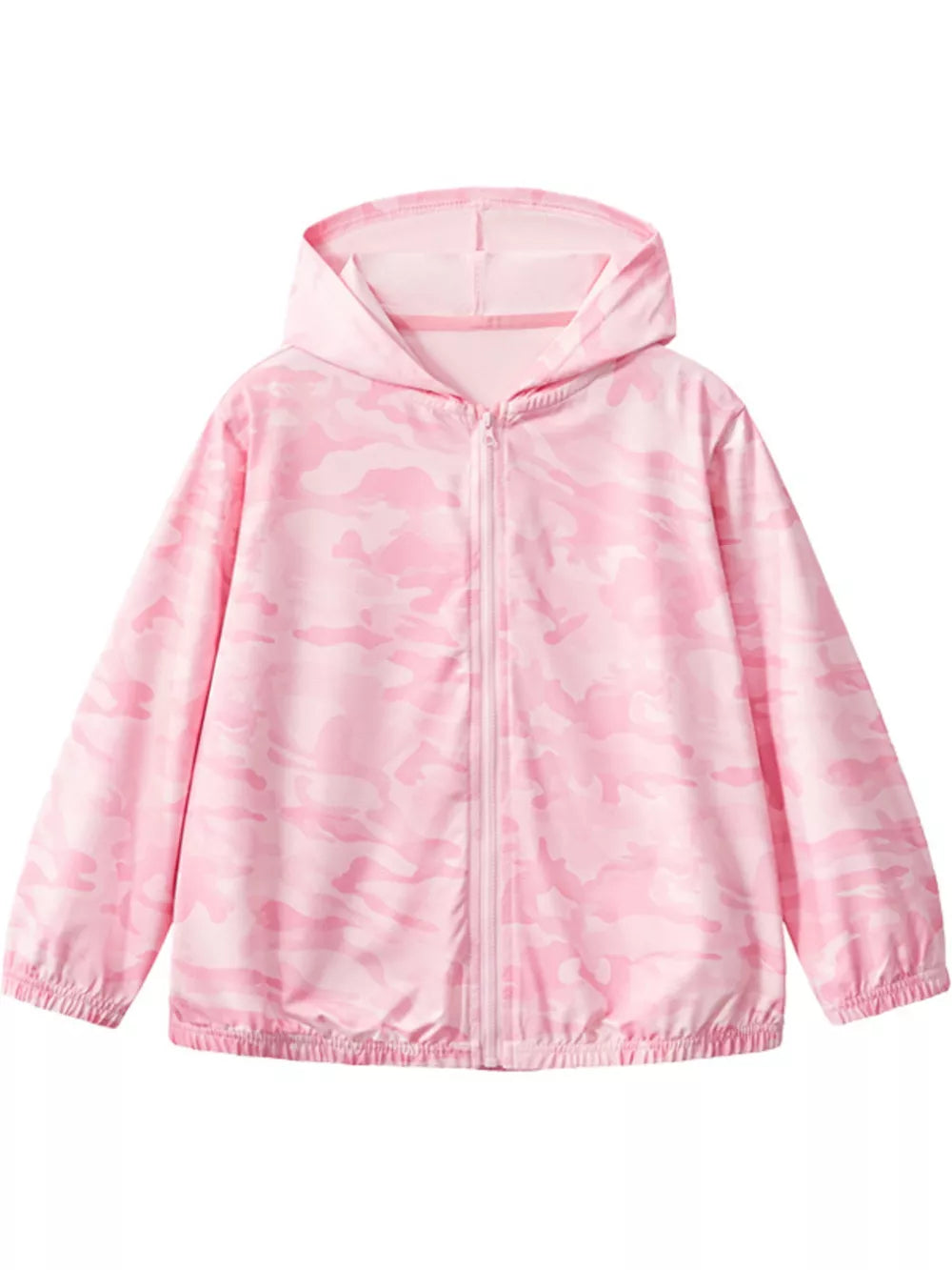 Lightweight pink camouflage hooded jacket for kids with full zip and elastic cuffs.