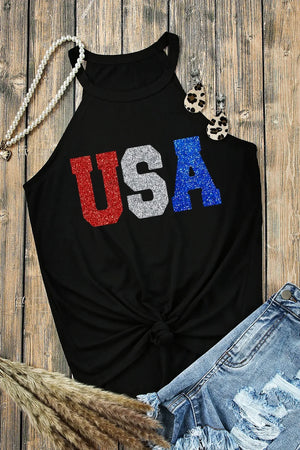 Black halter tank top with glitter USA graphic and knotted hem