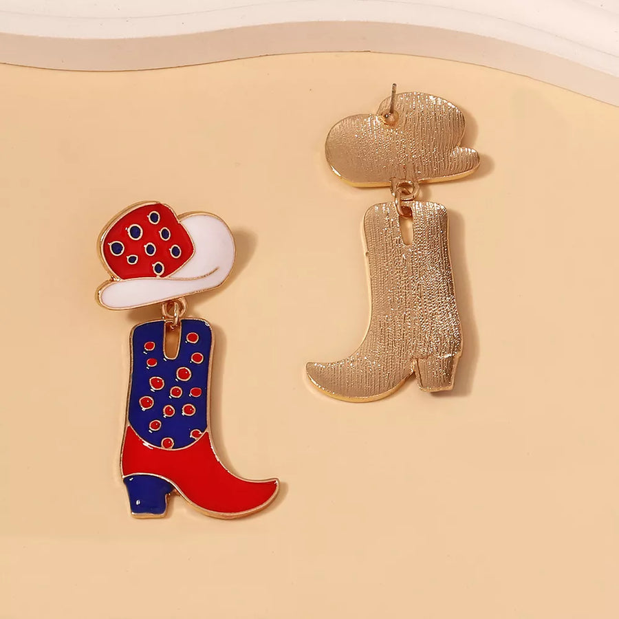 Cowgirl boot and hat dangle earrings with red, white, and blue enamel details.