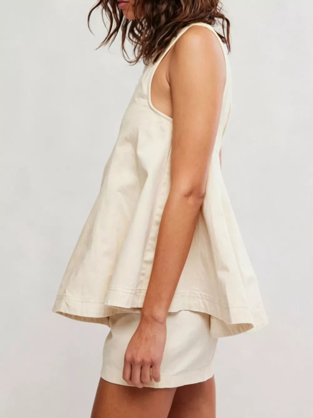 Sleeveless Denim Top And Shorts Set in Turmeric with seam detail