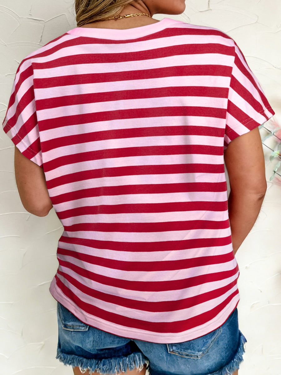 Stripe split v neck t-shirt in red and pink cotton blend with short sleeves.