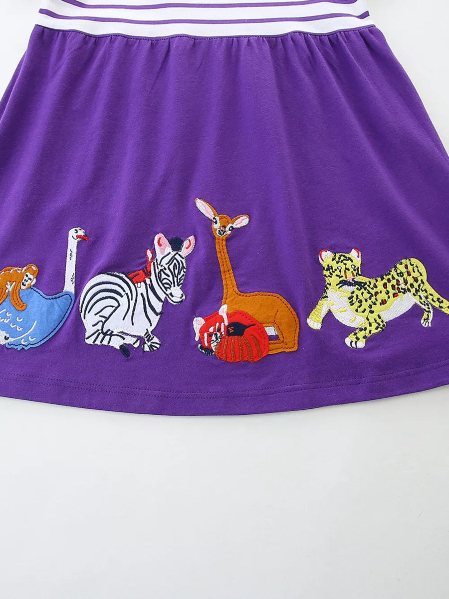Purple cotton blend toddler dress with embroidered animals and striped yoke.
