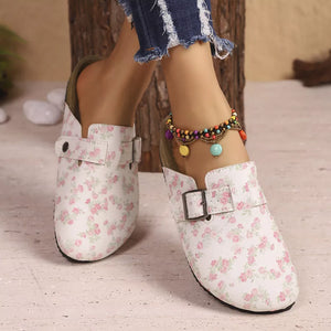 Floral print slip-on flats with decorative buckle detail