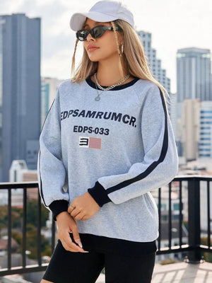 Light gray cotton sweatshirt with varsity stripes on sleeves and graphic text.