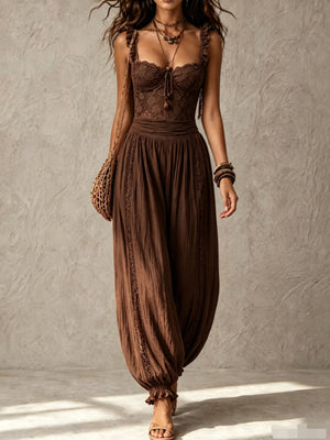 Brown jumpsuit with pullover and floral