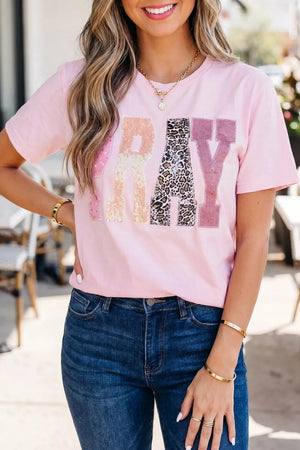 Pink cotton t-shirt with sequin and leopard print PRAY graphic patch detail.