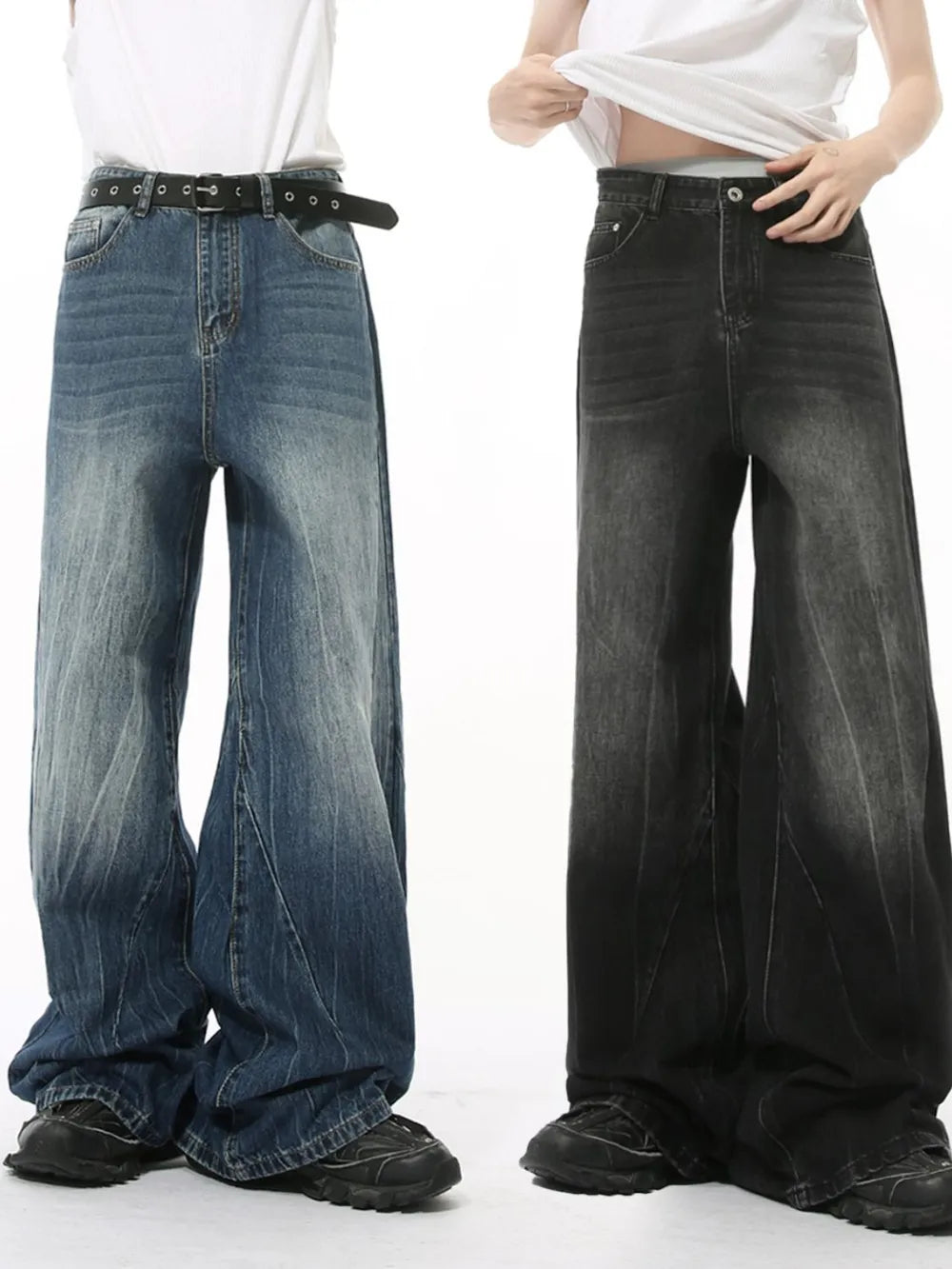 Electric Drift wide leg jeans in dark and medium washes, featuring a relaxed fit and flared hem.