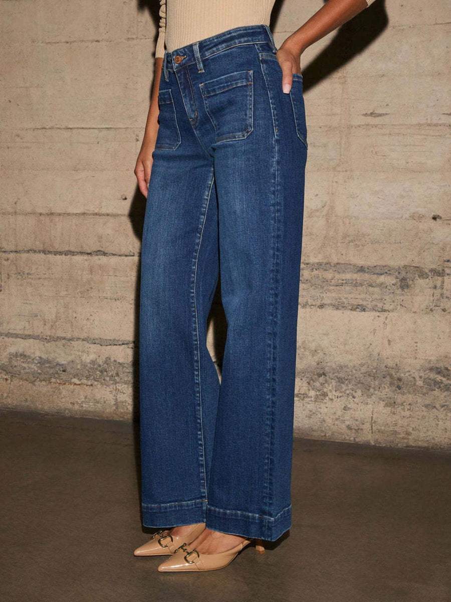 Sailor-inspired wide leg jeans in medium wash denim with utility pockets.