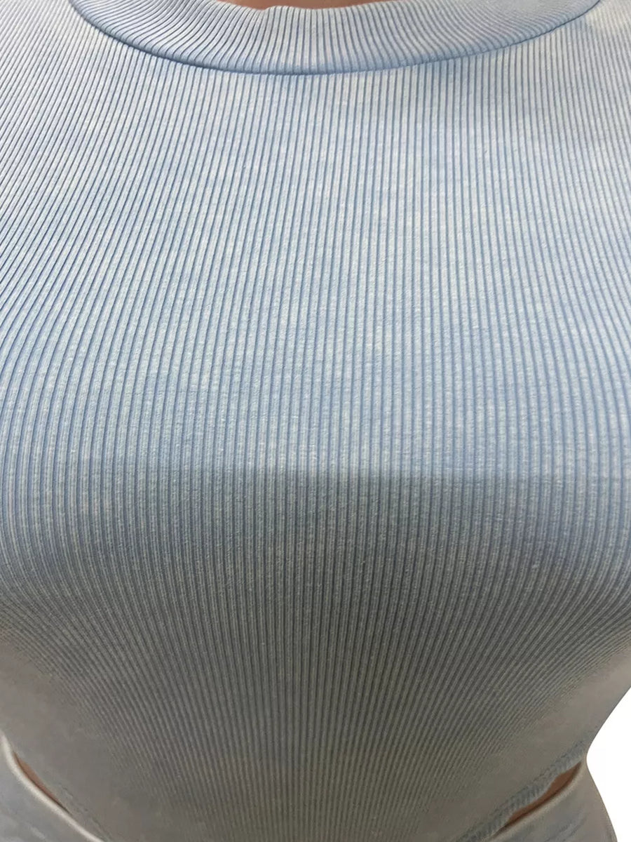 Sky blue ribbed crop top with crew neck, part of a two-piece set.