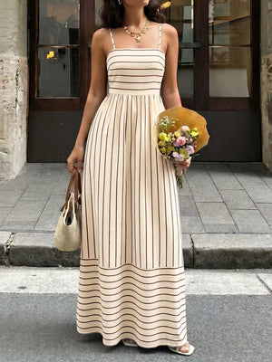 Apricot striped maxi dress with square neckline and smocked detail.