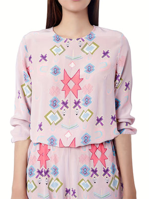 Women's blush pink abstract print crew neck loungewear set with long sleeves.