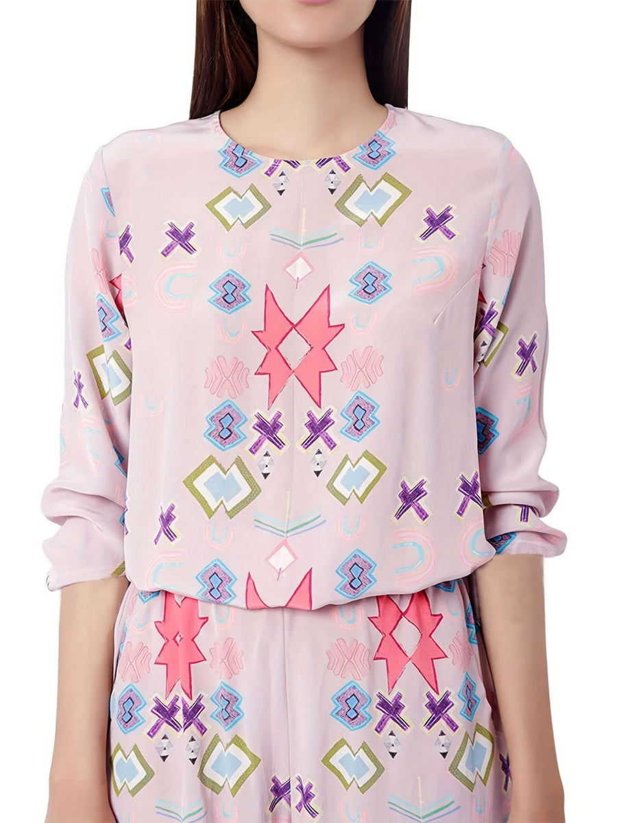 Women's blush pink abstract print crew neck loungewear set with long sleeves.