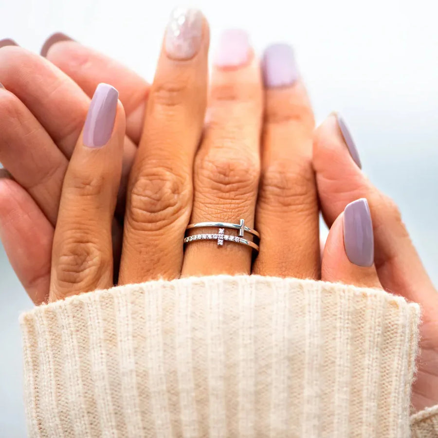 Double Cross Diamond Band Ring in silver with two stacked bands and diamond accents.