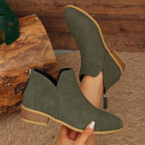 Classic Faux Leather V-Cut Ankle Boots in Khaki with V-cut