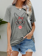 Heather Gray t-shirt with a graphic print of a bunny wearing a pink bandana, glasses, and blowing bubblegum.