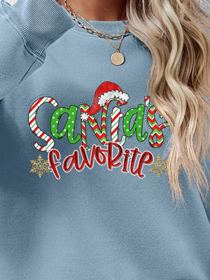 Air Force Blue crewneck sweatshirt with Santa's Favorite graphic and snowflakes.