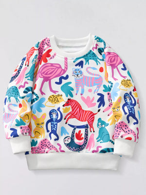 Kids crew neck sweatshirt with multicolor animal print.