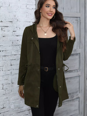 Army green hooded drawstring casual jacket with zip and button closure.