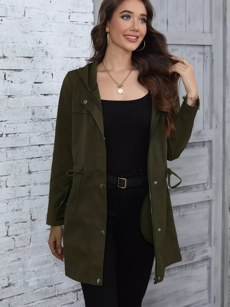 Army green hooded drawstring casual jacket with zip and button closure.