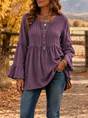 Full Size Frill Notched Long Sleeve Blouse in Purple with buttoned