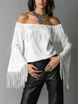 Brown relaxed off-shoulder top with off-shoulder