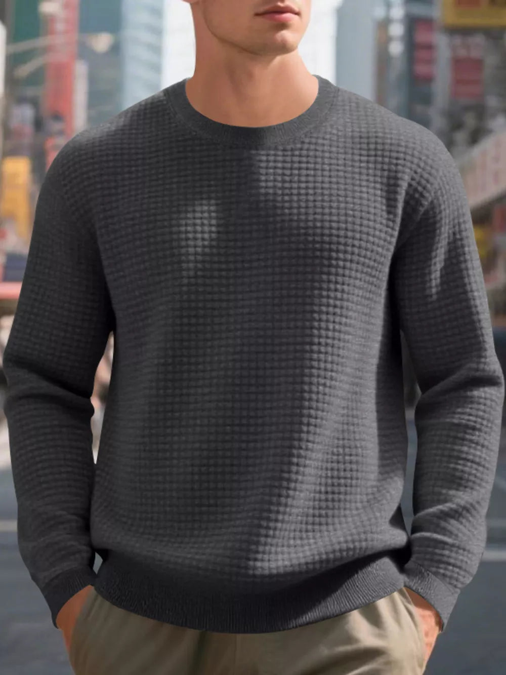 Men's Classic Waffle-knit Crew Neck Sweatshirt in White with thermal