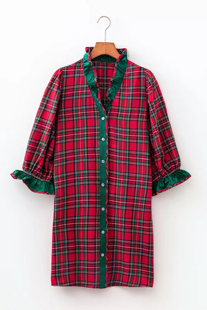 Plaid Ruffle Cuff Button Front Mini Dress option 10