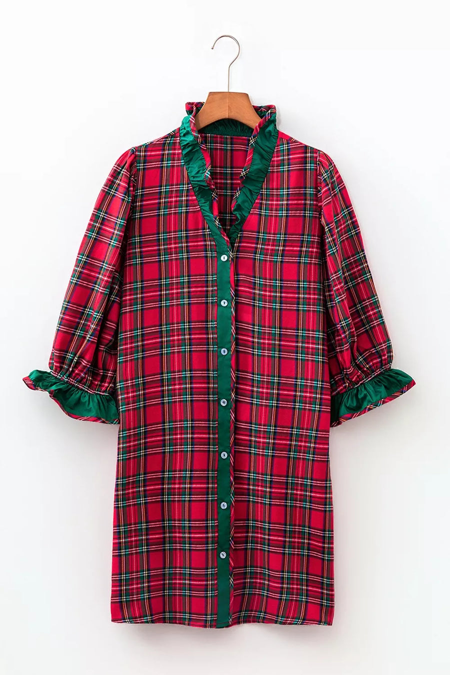 Plaid Ruffle Cuff Button Front Mini Dress option 10