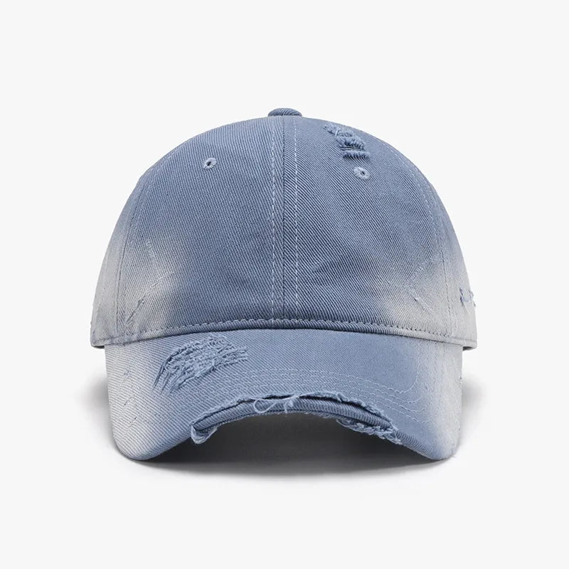 Light blue distressed denim baseball cap with frayed details