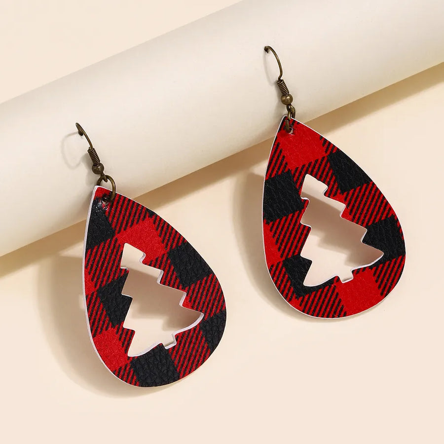 Plaid teardrop earrings with tree cutouts and bronze hooks