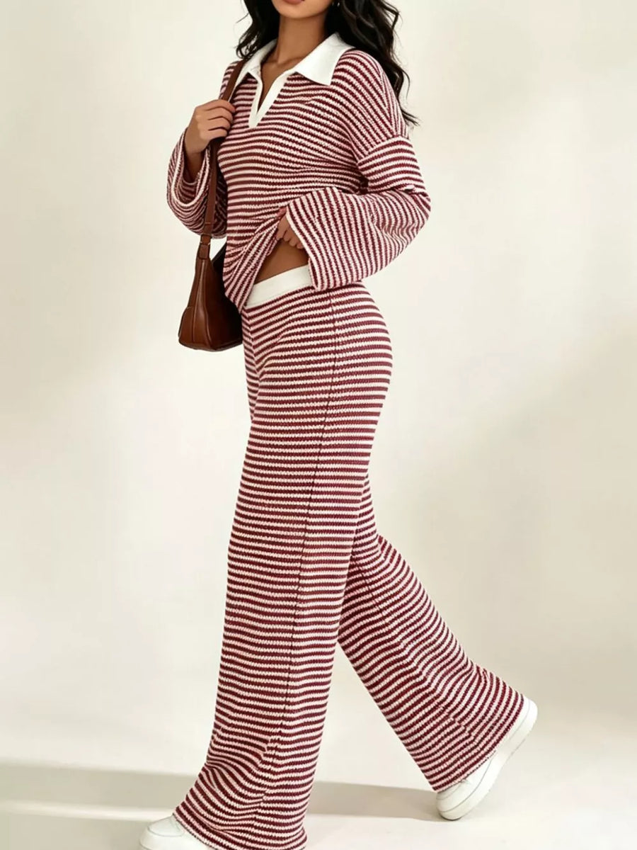 Black Striped Long Sleeve Polo And Wide-leg Pants Set