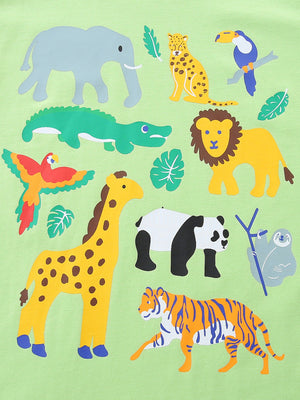 Toddler t-shirt with playful cartoon animal print on light green cotton.