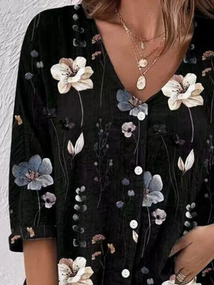 Floral Print V-neck Button-down Shirt in Gray with button-front