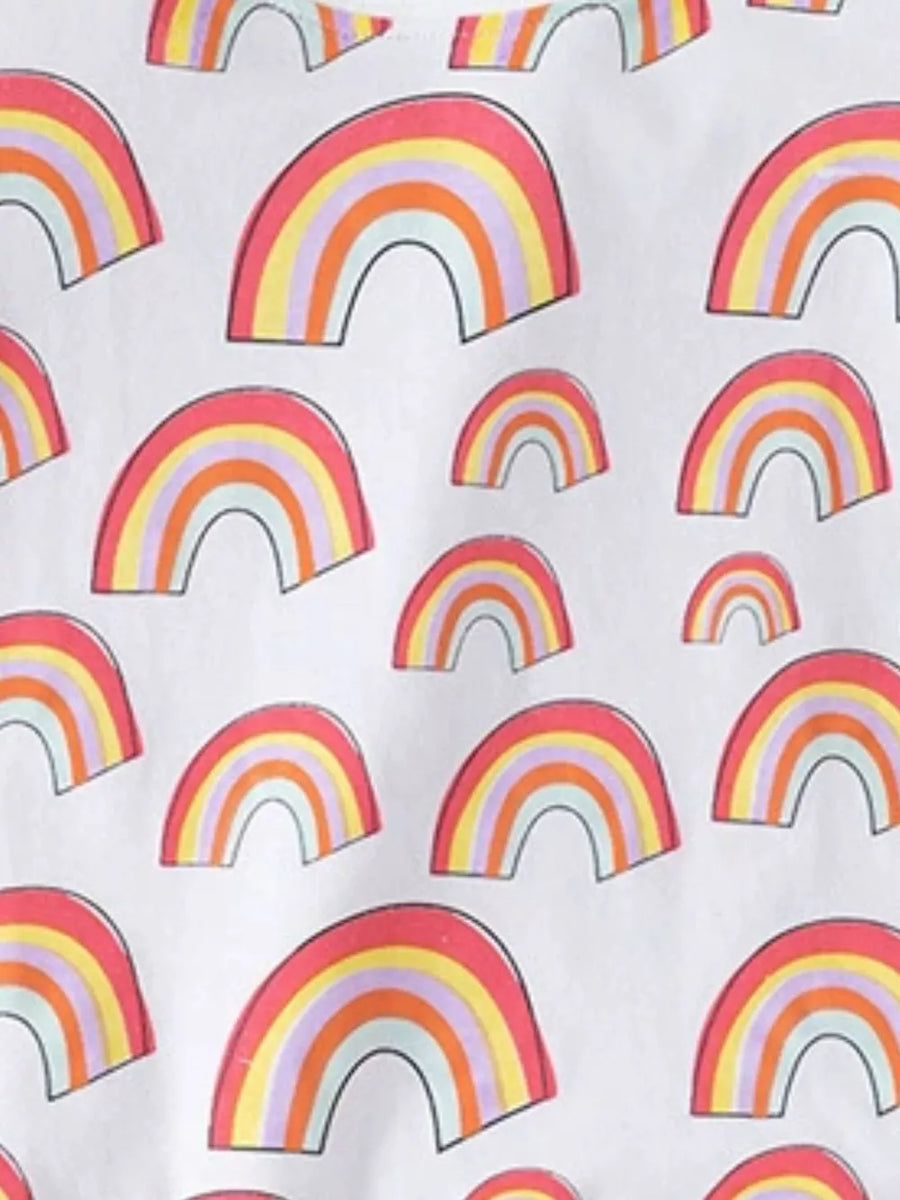 Toddler t-shirt with pastel rainbow print, crewneck, short sleeves, cotton fabric.