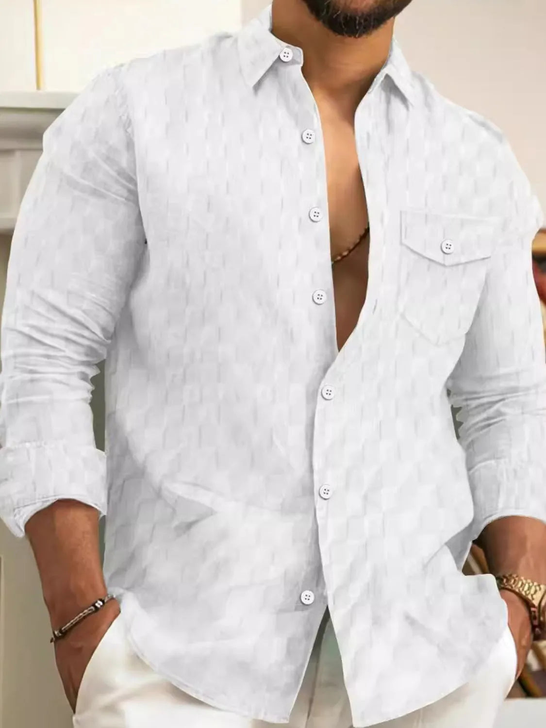 White textured cotton button-up shirt with a subtle geometric pattern and two chest pockets.