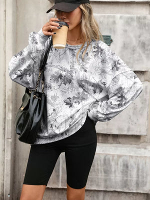 light gray sweatshirt featuring stretch and camo