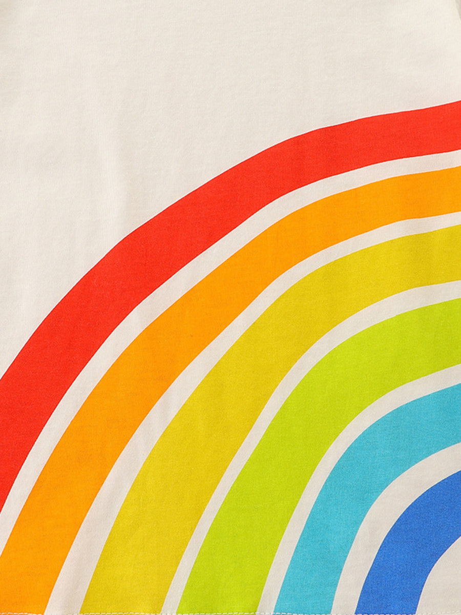 Toddler t-shirt with a vibrant rainbow graphic on cream cotton.