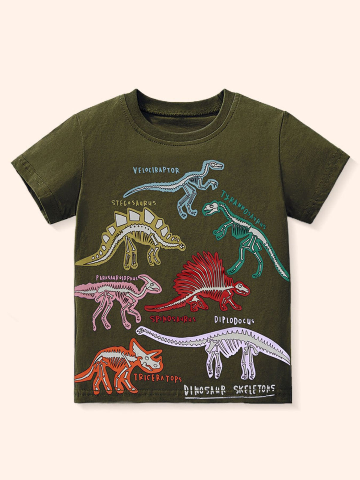 Olive green toddler t-shirt with colorful dinosaur skeleton prints and names.