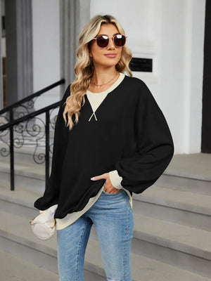 Contrast Round Neck Long Sleeve Sweatshirt in Gold