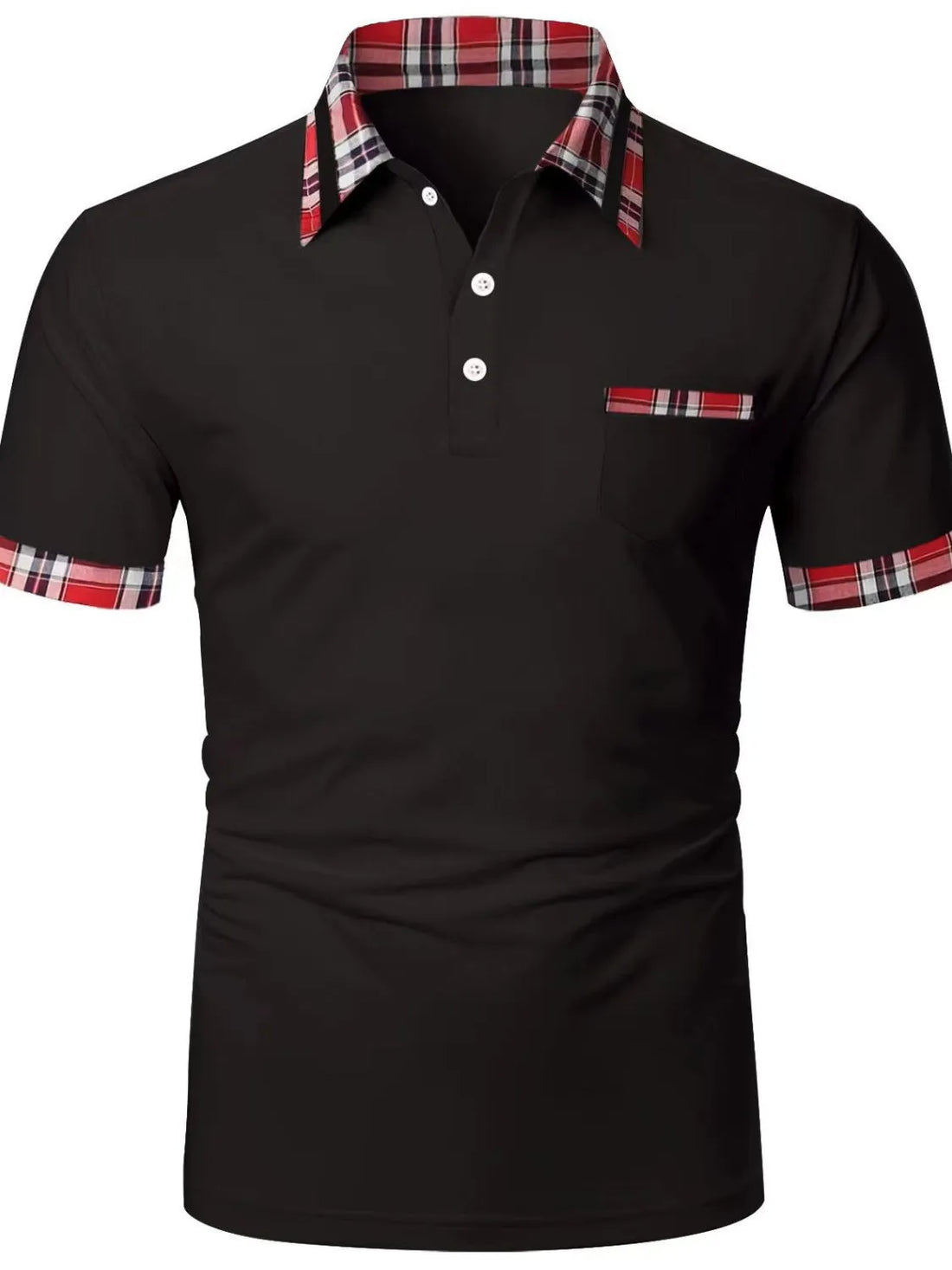 Black polo shirt with plaid trim on collar, pocket, and sleeves.