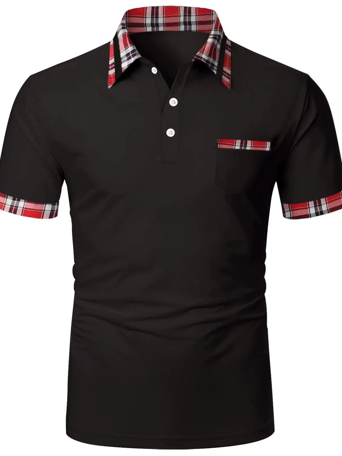 Black polo shirt with plaid trim on collar, pocket, and sleeves.