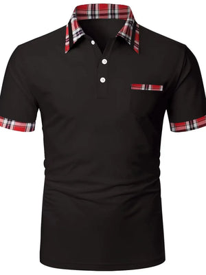 Black polo shirt with plaid trim on collar, pocket, and sleeves.