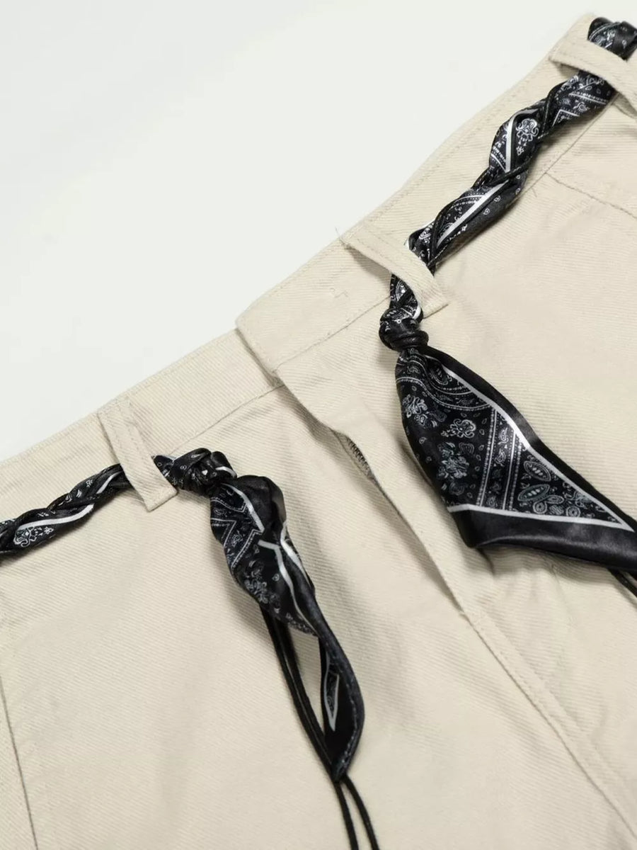 Cream white maternity pants with black paisley print scarf belt detail