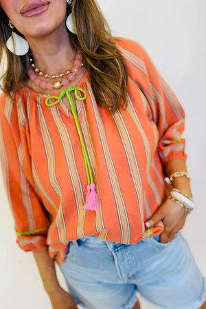 Stripe Tassel Tie Neck Cotton Blouse option 4
