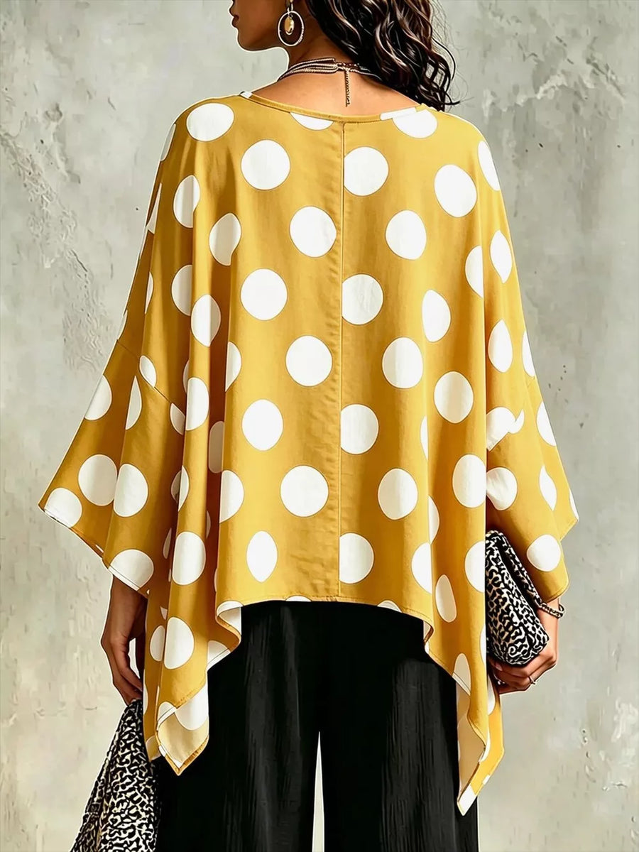 Polka Dot Asymmetrical Hem Blouse in Gold