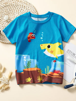 Blue crew neck t-shirt with playful shark and fish underwater print